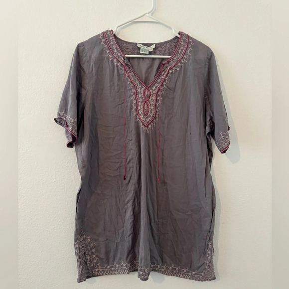 Ulla Popken Grey Embroidered Boho Artsy Tunic Lightweight Cotton Sz 16/18 - Picture 1 of 8
